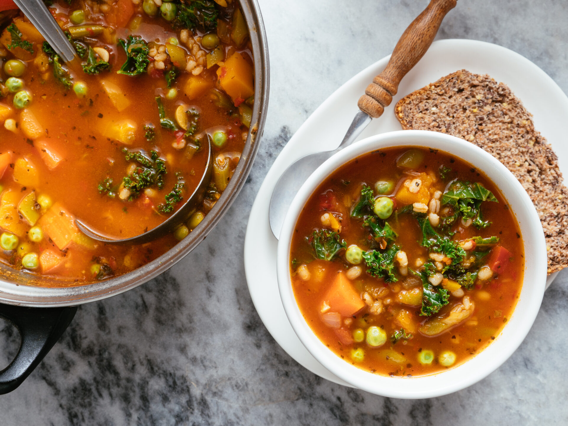 delicious Winter Squash, Carrot, Kale, Green Bean, Pea and Barley Soup